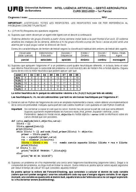 Examen IA 2022 2023 1er parcial Solucio INTELLIGÈNCIA ARTIFICIAL