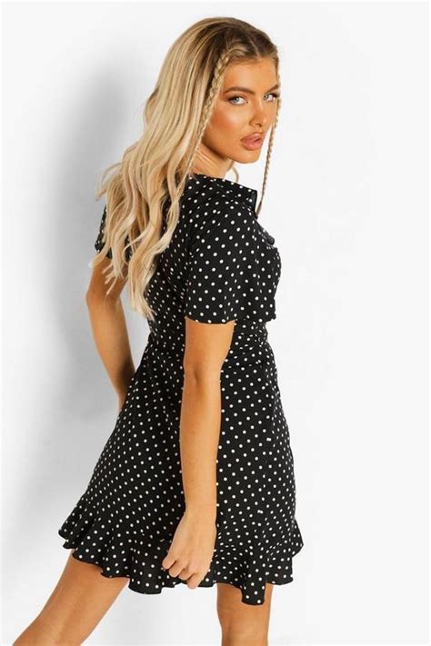 Dresses Woven Polka Dot Wrap Front Ruffle Tea Dress Boohoo