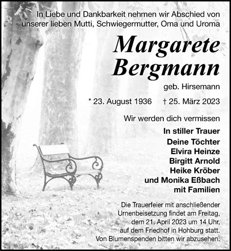 Traueranzeigen Von Margarete Bergmann Trauer Anzeigen De