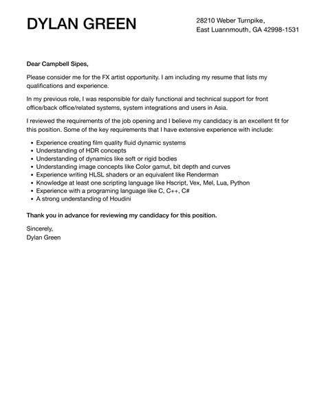 Fx Artist Cover Letter Velvet Jobs