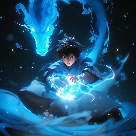 Anime character with blue dragon in background generative ai | Premium ...