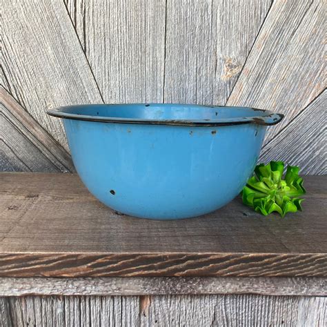 Vintage Enamel Bowl Large Inch Blue Bowl Enamelware Basin Etsy