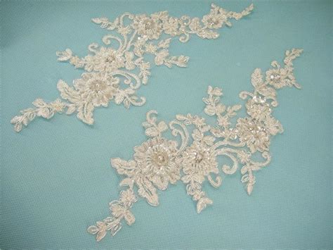 Ivory Beaded Lace Applique Trim Wedding Lace Applique Bridal Lace