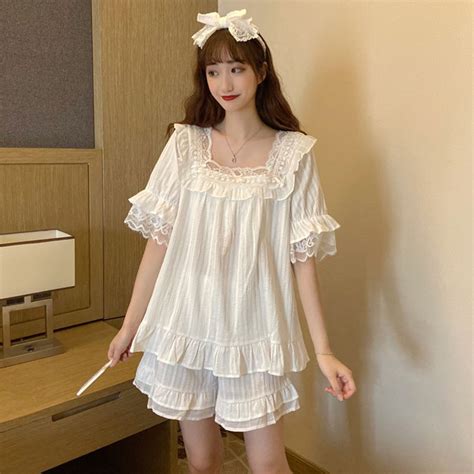 Womens Kawaii Lace Ruffles Square Collar Pajamas Sleepwear Fashion Lace Trim Shorts Kawaii