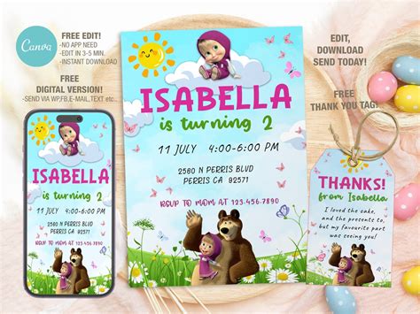 Editable Masha And The Bear Birthday Invitation Template Etsy