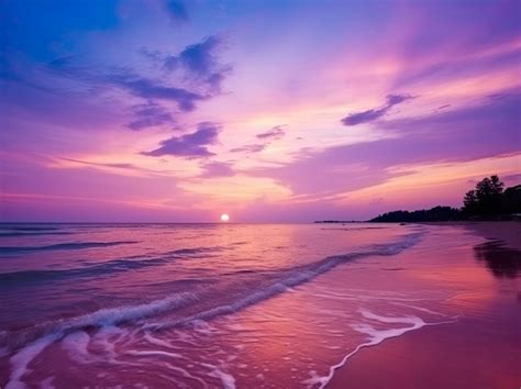 Premium AI Image | Summer beach with blue water and purple sky at the ...