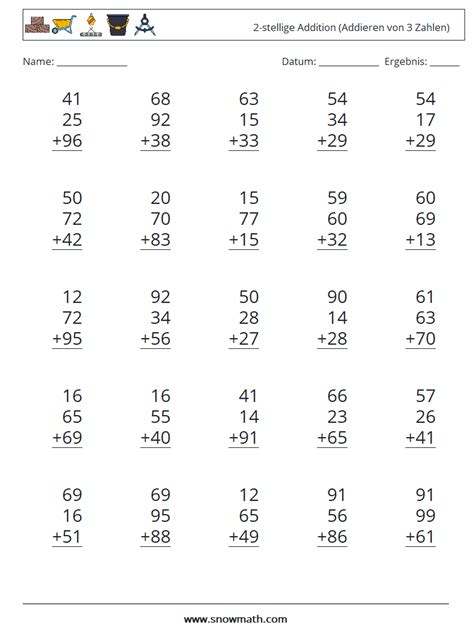 25 2 stellige addition addieren von 3 zahlen Mathe Arbeitsblätter