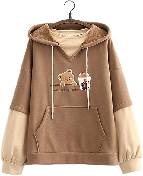 Kawaii Sweat à capuche pour adolescentes motif ours mignon et thé au