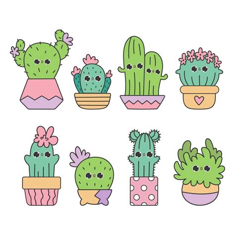 lindo conjunto vectorial de kawaii garabatos cactus en macetas bebé