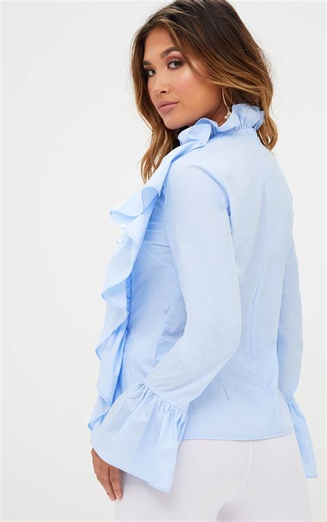 Blue Ruffle Frill High Neck Shirt Tops Prettylittlething