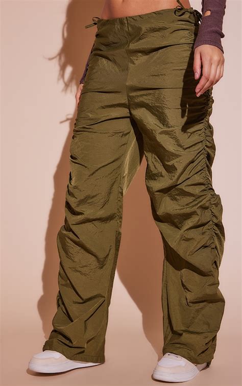 Khaki Parachute Shell Ruched Leg Pants Prettylittlething Usa