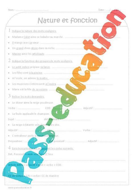 Nature et fonction Ce2 Exercices corrigés PDF à imprimer par Pass