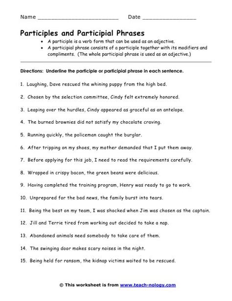 Identifying Participial Phrases Worksheet