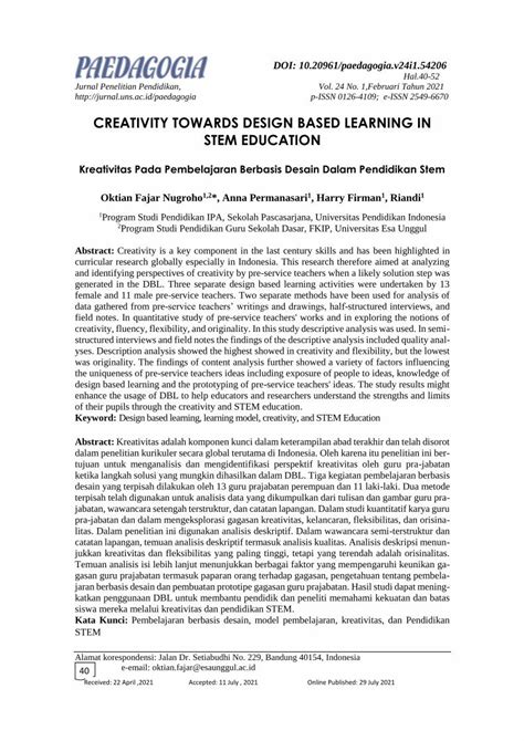 Pdf Creativity Towards Design Based Learning In Stem Dokumen Tips