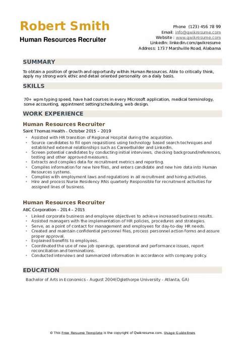 Human Resources Recruiter Resume Sample