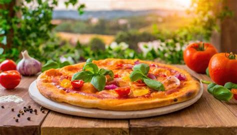 Pizza Margherita sobre uma tábua de madeira fundo para uma paisagem