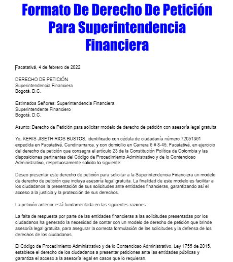 Formato De Derecho De Peticion Para Superintendencia Financiera