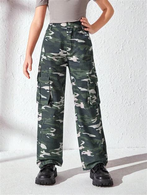 Tween Girl Camo Print Flap Pocket Side Cargo Jeans Shein Usa