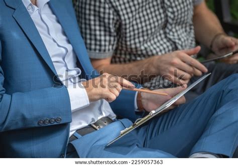 Two Businessman Gay Sitting Chair Park Stock Photo