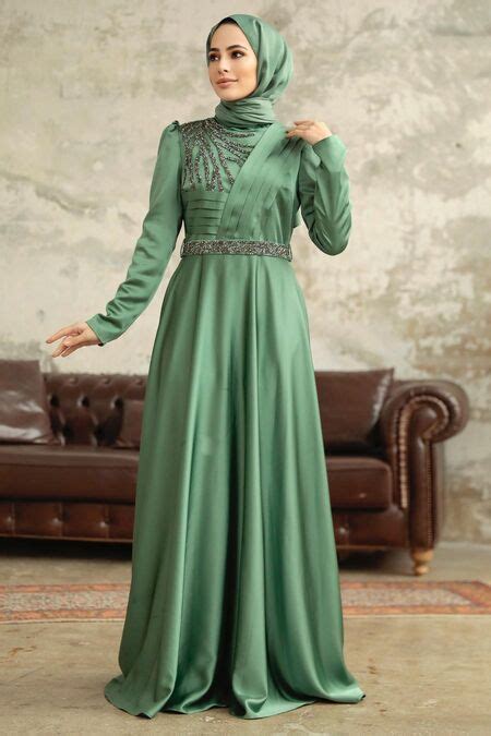 Satin Almond Green Islamic Wedding Dress 3967CY Neva Style