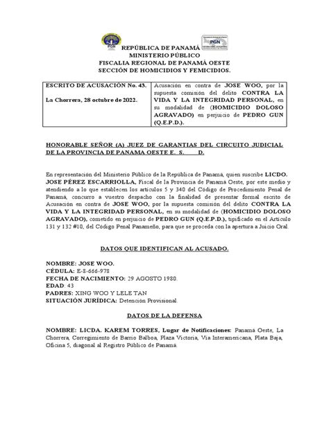 Escrito De Acusación Pdf Homicidio Panamá