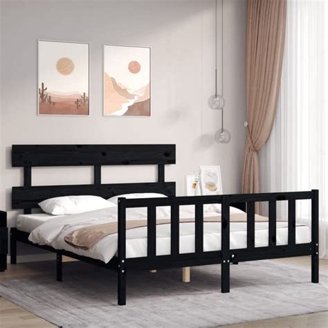 The Living Store Bedframe Met Hoofdbord Massief Hout Zwart Ft King