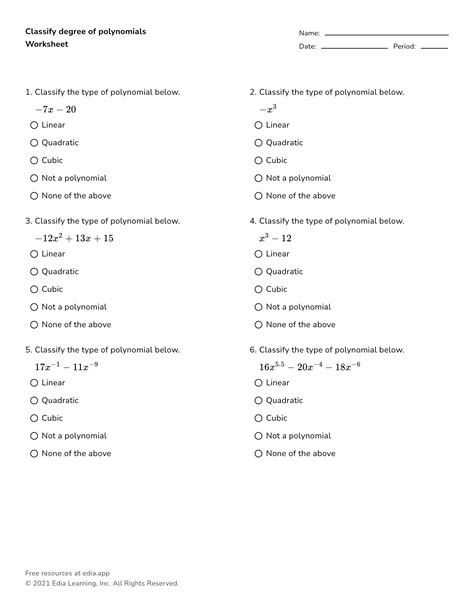 Classify Degree Of Polynomials Worksheet Worksheets Library