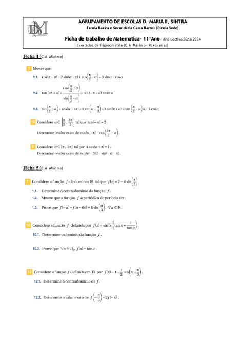 Exercícios trigonometria Matemática A AGRUPAMENTO DE ESCOLAS D