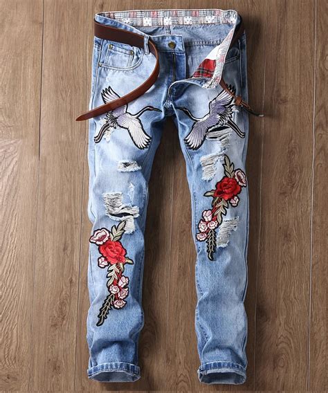 2018 New Designer Men Jeans Luxury Crane Rose Embroidered Jeans Slim