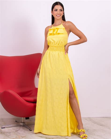 Fit You Vestido Miss Misses Longo Fenda E Babados Amarelo