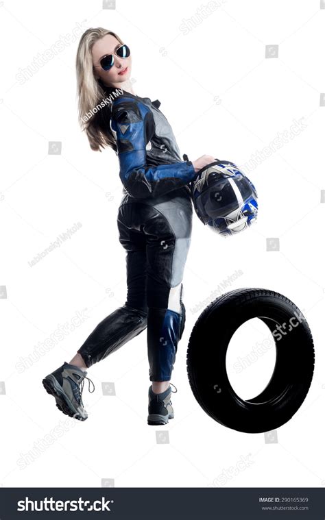 Beautiful Sexy Blonde Girl Motorcycle Suit Stock Photo