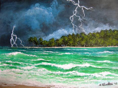 Tropical Lightning Storm Across the Ocean Painting by Amy Scholten