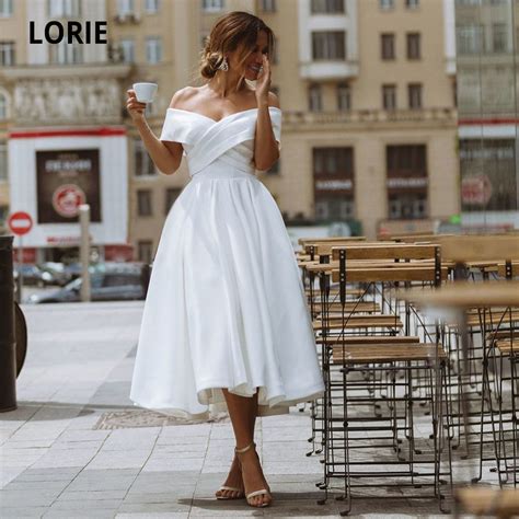 Lorie Simple Tea Length Wedding Dress Off The Shoulder White Ivory