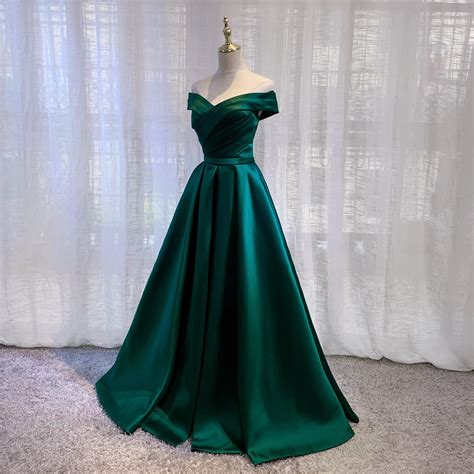 Imported Satin Emerald Green Prom Dresses Pleated A-Line Off-shoulder ...