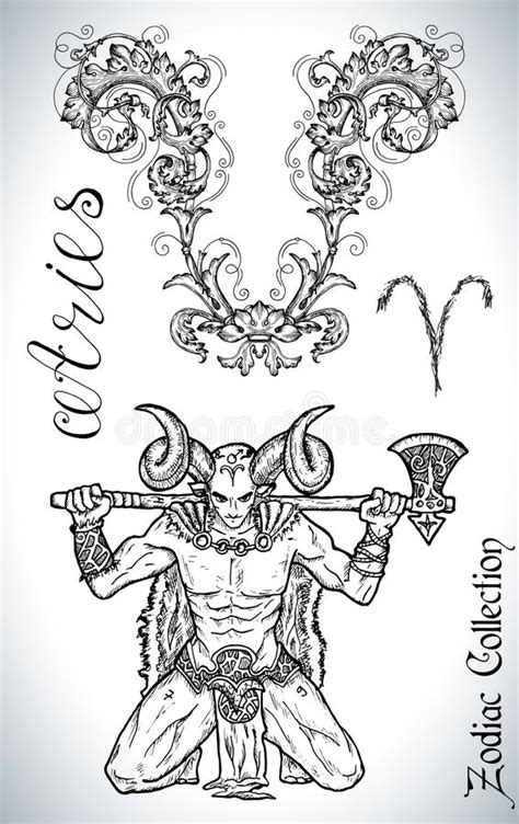 Conjunto Con El Signo Zodiaco De Aries Y Dibujo De Mascota Ilustración