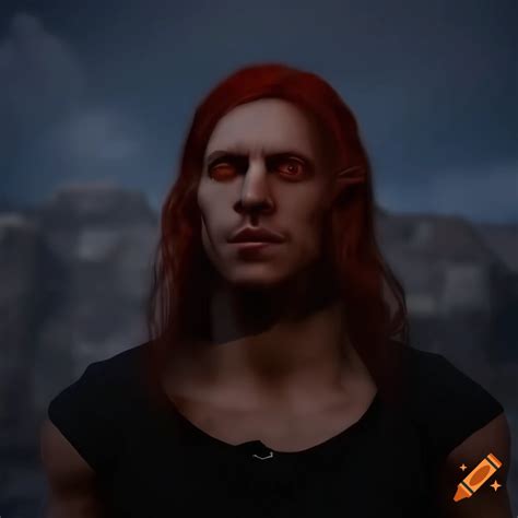 Portrait Of A Red Haired Elf Man In A Modern Street With A Cloudy Sky