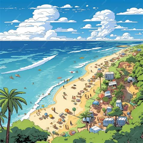 Premium AI Image | a cartoon of a beach scene with a beach scene and a ...