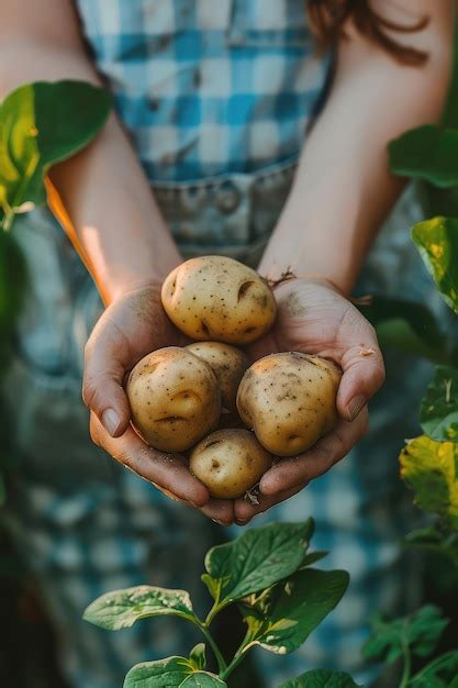 Potatoes In The Hands Of A Woman In The Garden Selective Focus