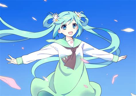 Aqua Eyes Aqua Hair Hatsune Miku Inouedaikon Petals School Uniform