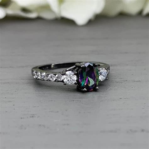 Oval Mystic Topaz Ring Black Rhodium Rainbow Mystic Topaz Engagement