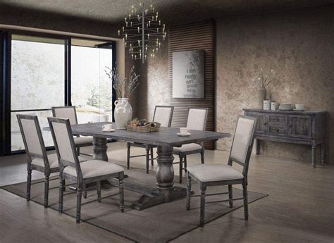 Weathered Grey Farmhouse Dining Table With Double Pedestal And Trestle