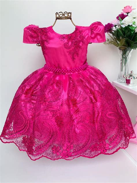 Vestido Infantil Pink Renda Princesas Realeza Luxo Festa Rosa