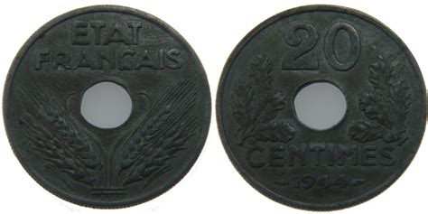 France 20 Centimes 1944 Paris Coin État français Paris Zinc AU 50 53