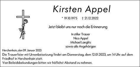 Traueranzeigen Von Kirsten Appel Vrm Trauer De