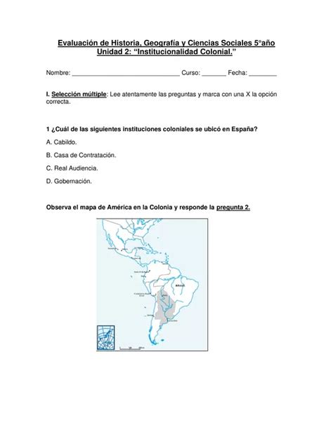 Evaluación de Historia 5año unidad Institucionalidad Colonial