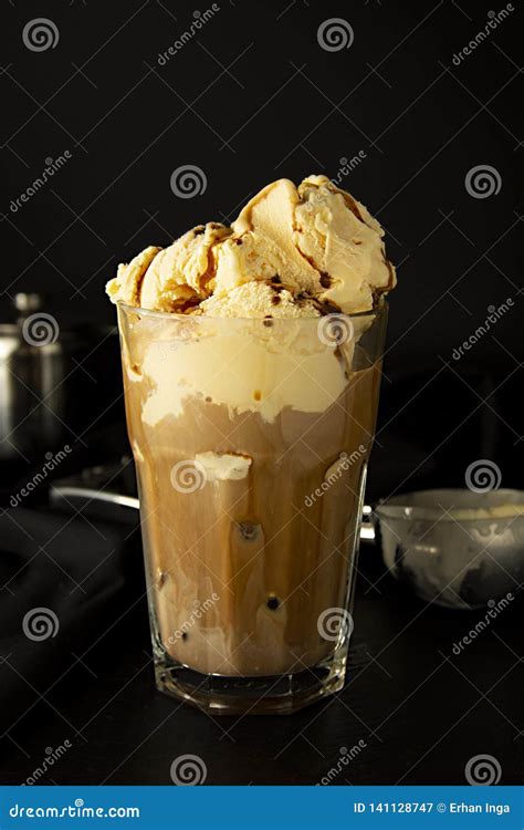 Ice Cream And Coffee Cocktail In Glass Summer Refreshing Coffee Drink Over Black Background