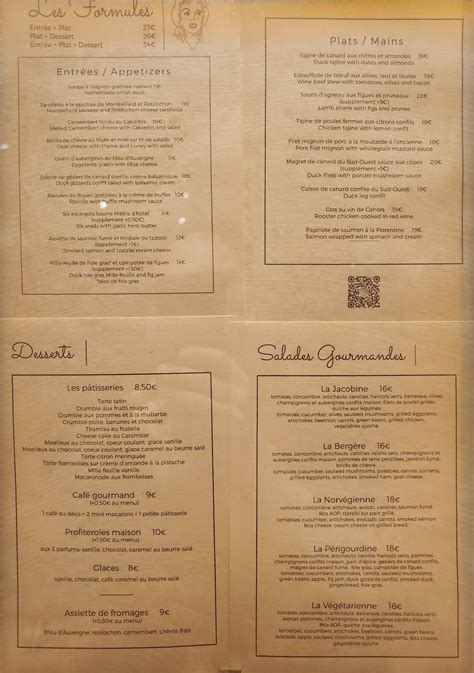 Menu At La Jacobine Restaurant Paris 59 61 Rue Saint André Des Arts