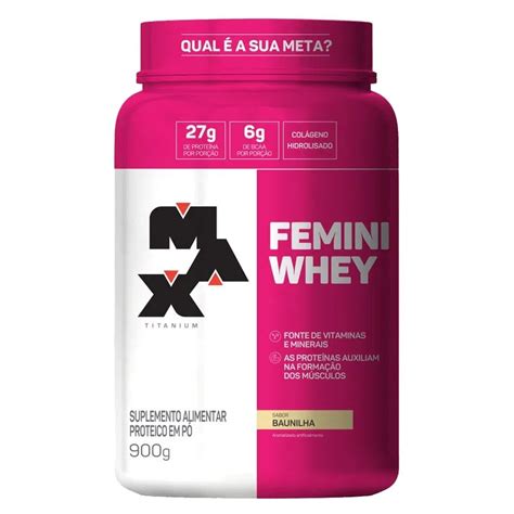 Femini Whey 900g Baunilha Coqueteleira 600ml Preta Max Titanium