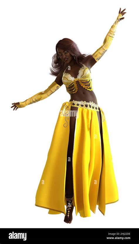 Young Black Skinned Woman Belly Dancer In Yellow Bedlah Costume 3d