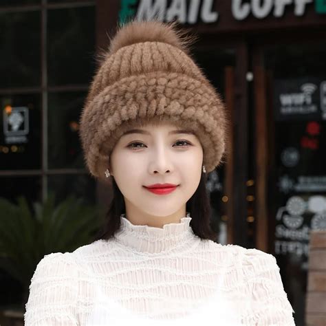 Real Mink Fur Hat Women Winter Knitted Beanie Russian Girls Cap